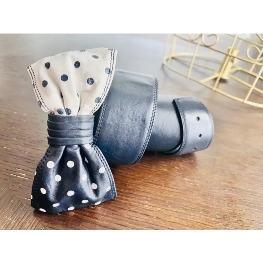 Vintage Neiman Marcus Italy Navy Polka Dot Bow Leather Belt Size 32
